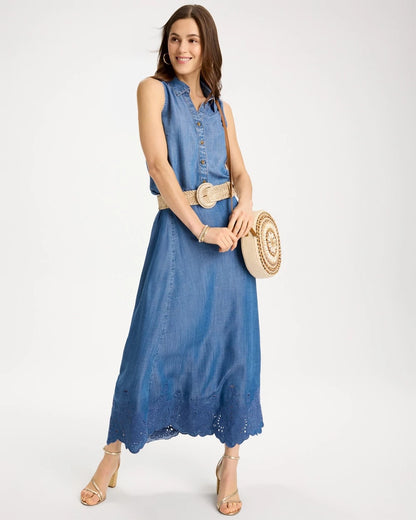 Chico's Indigo Twill Embroidered Hem Skirt Pearl Indigo