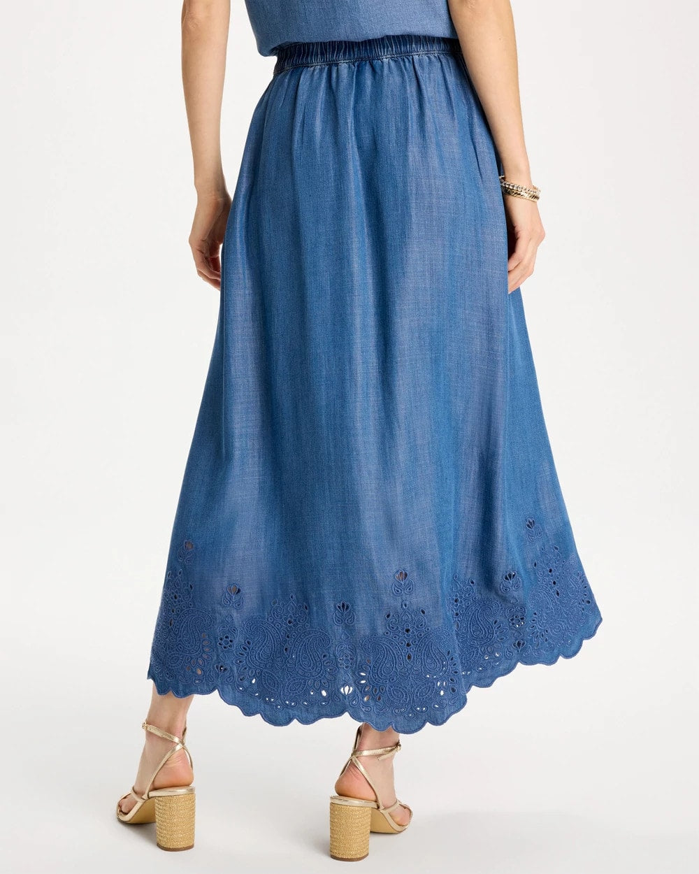 Chico's Indigo Twill Embroidered Hem Skirt Pearl Indigo