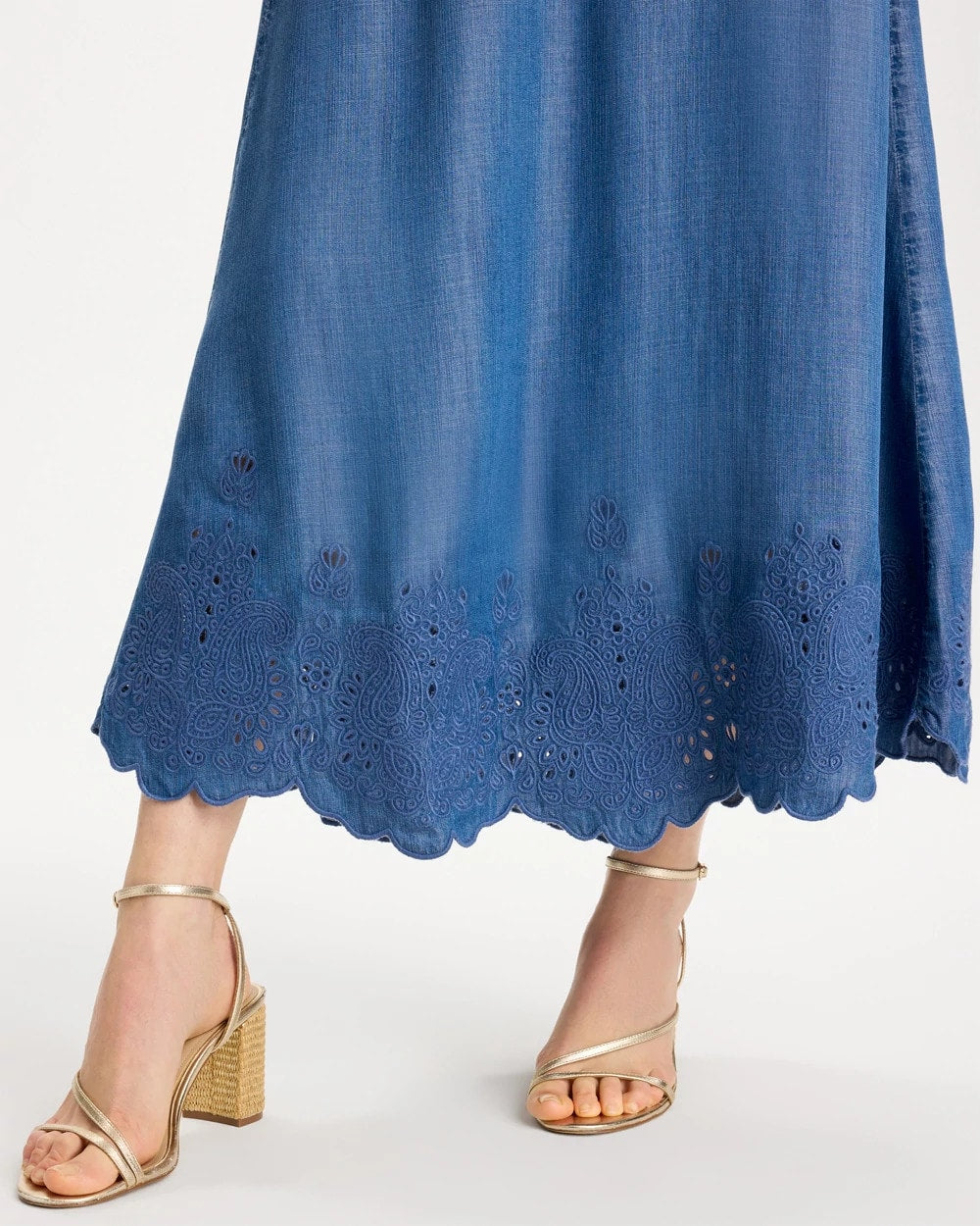 Chico's Indigo Twill Embroidered Hem Skirt Pearl Indigo