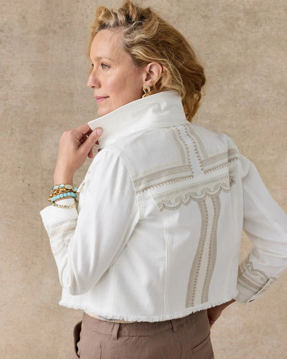 Chico's Embroidered Cropped Denim Trucker Jacket Alabaster