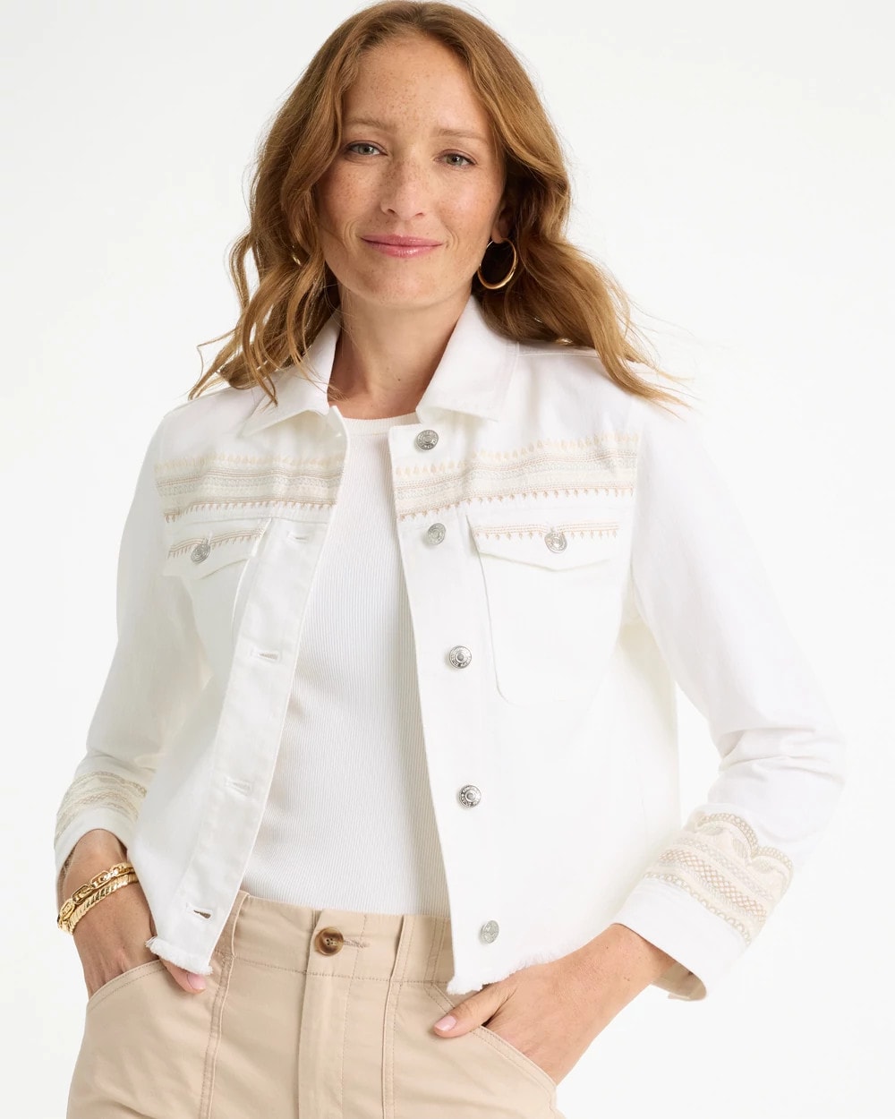 Chico's Embroidered Cropped Denim Trucker Jacket Alabaster