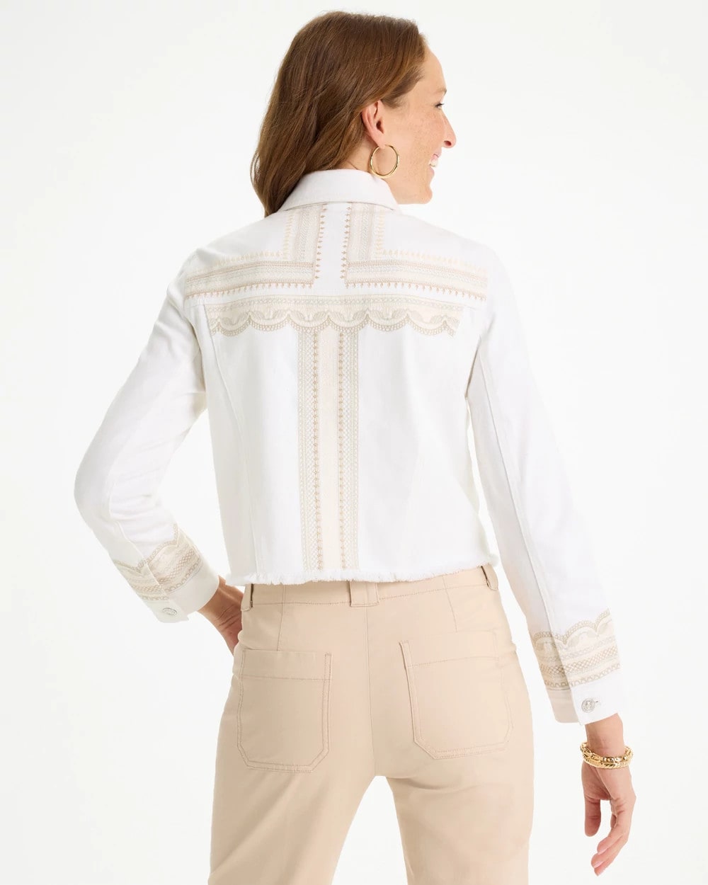 Chico's Embroidered Cropped Denim Trucker Jacket Alabaster