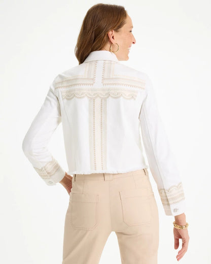 Chico's Embroidered Cropped Denim Trucker Jacket Alabaster