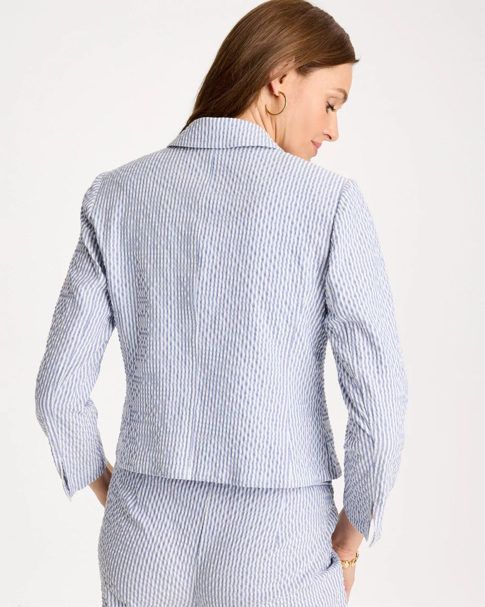 Chico's Seersucker Striped Cropped Blazer Blue