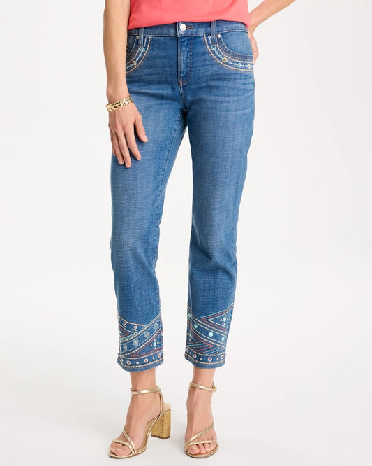Chico's Girlfriend Slim Embellished Crop Jeans Freya Indigo