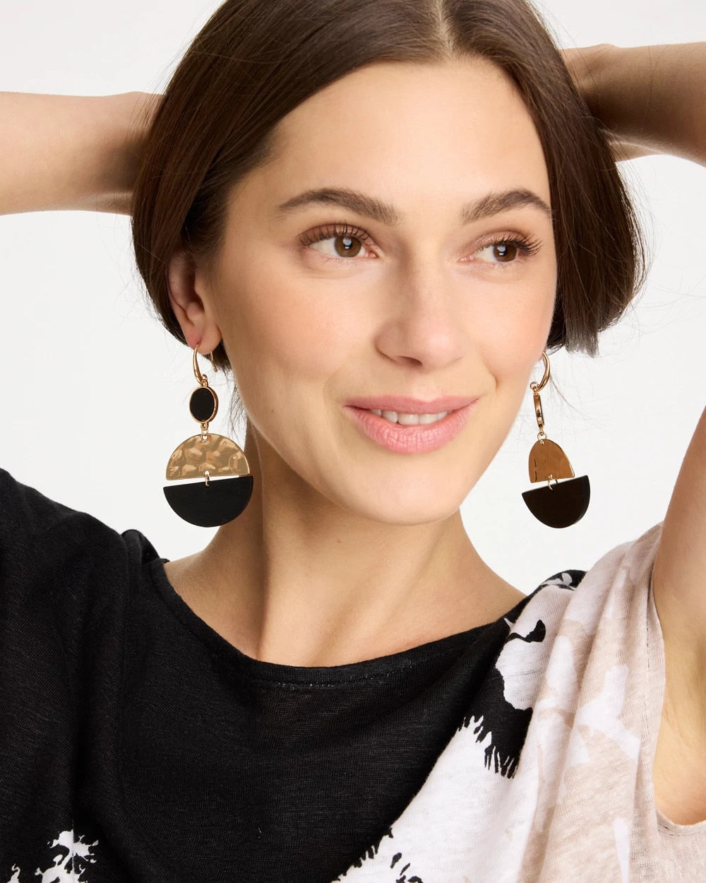 Chico's Wood Rounded Drop Earrings Black/Gold