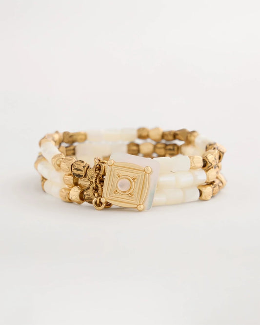 Chico's Set of 3 Pearl Treasure Stretch Bracelets Gold