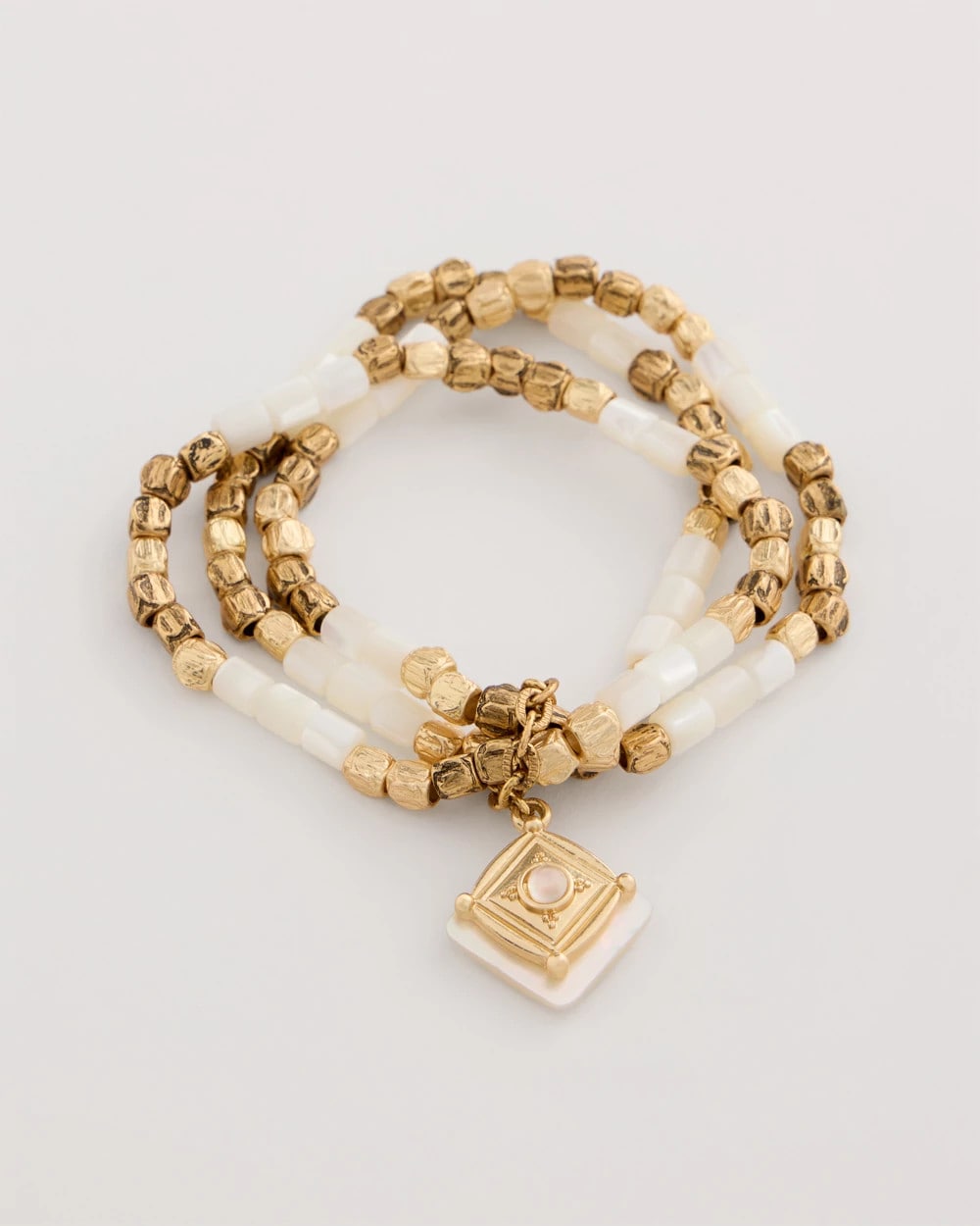 Chico's Set of 3 Pearl Treasure Stretch Bracelets Gold