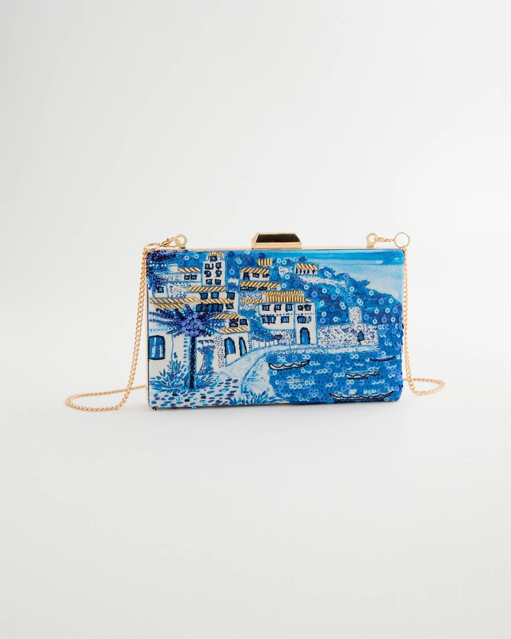 Chico's Embellished Scenic Clutch Blue