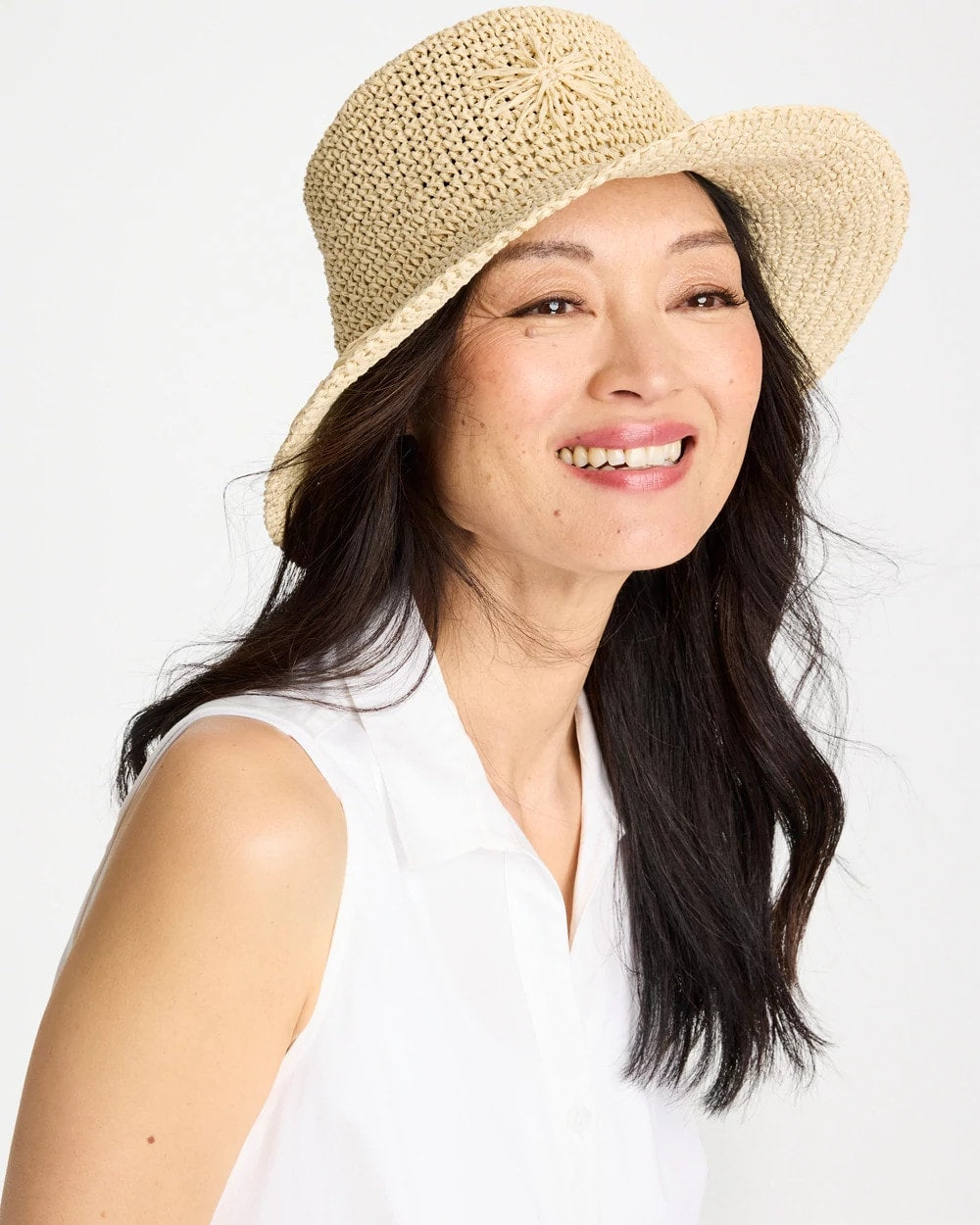 Chico's Straw Embroidered Beach Hat Natural