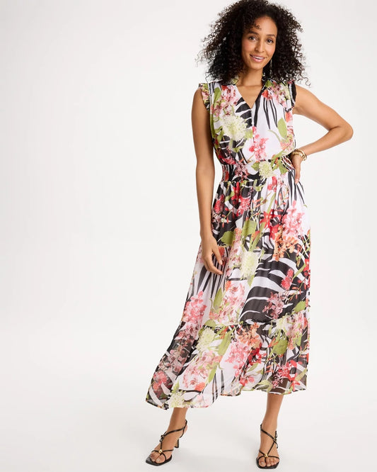 Chico's Crinkle Chiffon Animal Print Dress Black