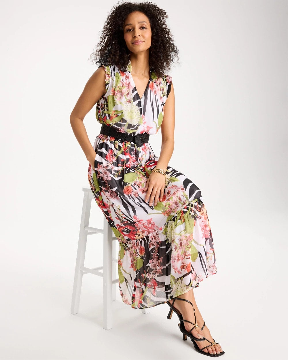 Chico's Crinkle Chiffon Animal Print Dress Black