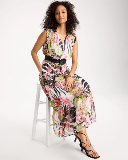 Chico's Crinkle Chiffon Animal Print Dress Black