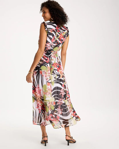Chico's Crinkle Chiffon Animal Print Dress Black