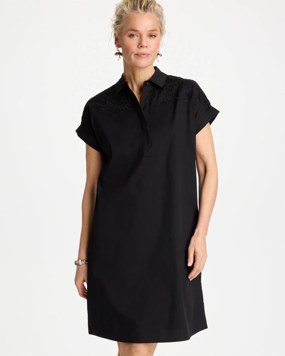 Chico's Popover Embroidered Poplin Dress Black