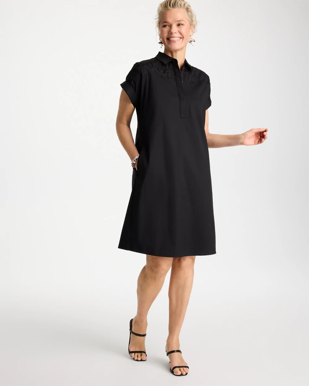 Chico's Popover Embroidered Poplin Dress Black