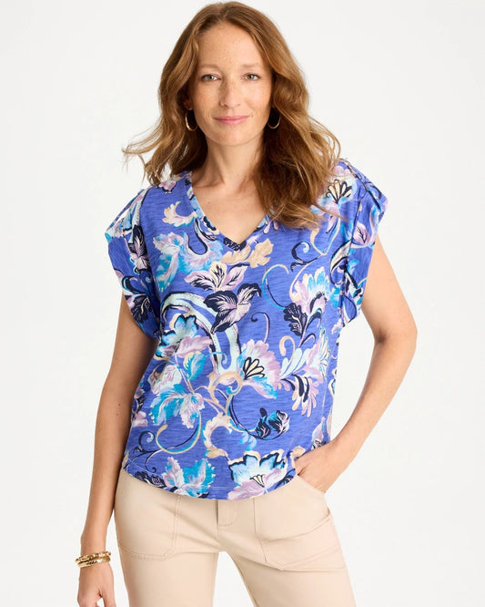 Chico's Paisley Cotton Slub Epaulette Tee Amparo Blue