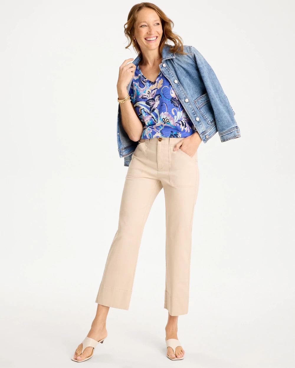 Chico's Paisley Cotton Slub Epaulette Tee Amparo Blue
