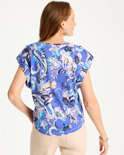 Chico's Paisley Cotton Slub Epaulette Tee Amparo Blue