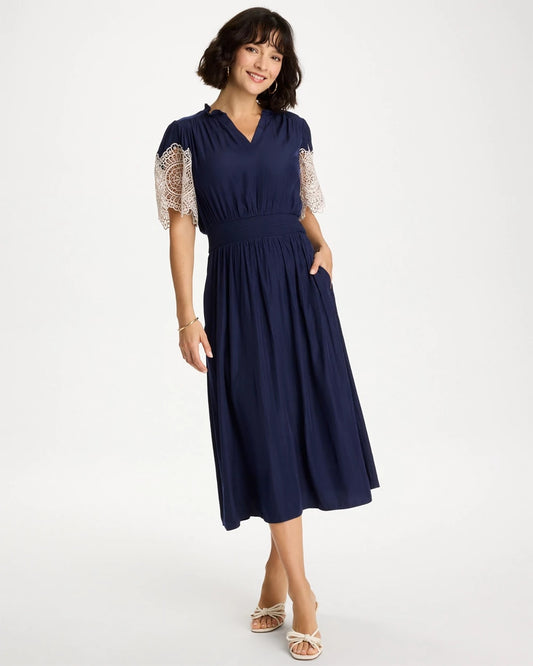 Chico's Sea Island Crinkled Midi Dress Passport Blue
