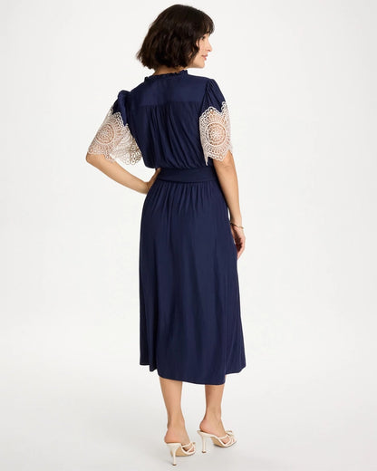 Chico's Sea Island Crinkled Midi Dress Passport Blue