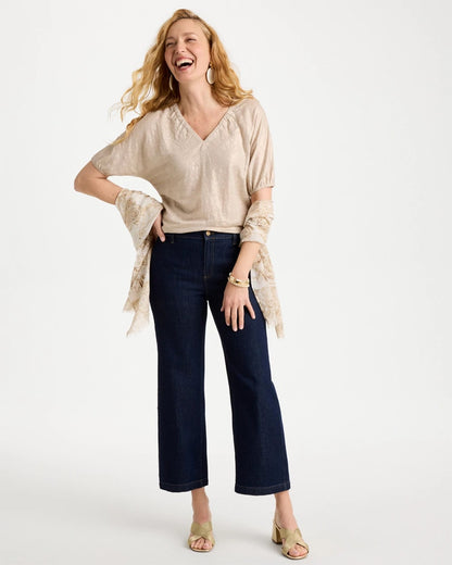 Chico's Fog Foiled Linen Ruched V-Neck Tee Smokey Taupe