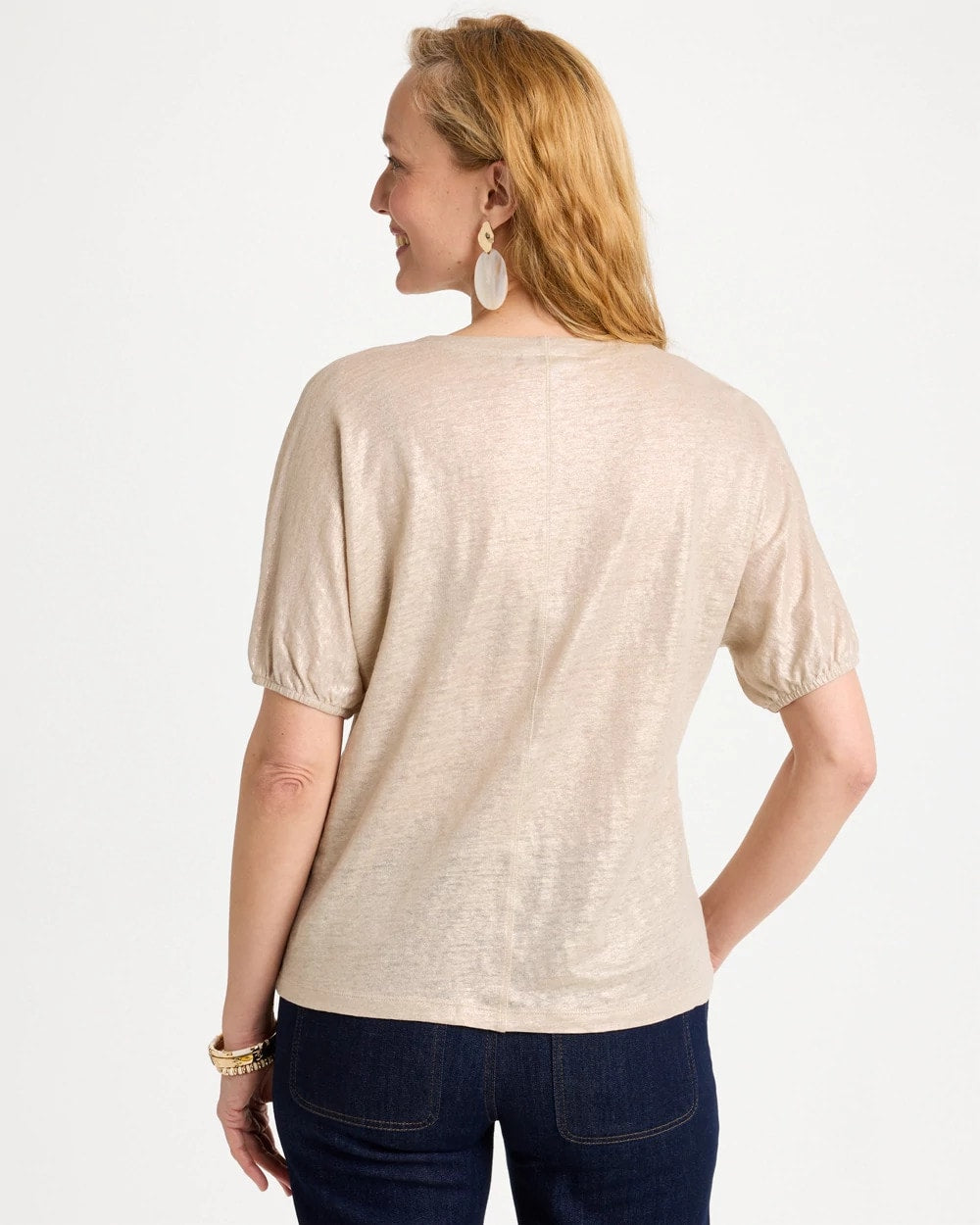 Chico's Fog Foiled Linen Ruched V-Neck Tee Smokey Taupe