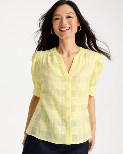 Chico's Cotton Plaid Elbow-Sleeve Shirt Sage Lime