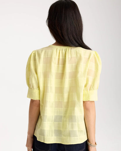 Chico's Cotton Plaid Elbow-Sleeve Shirt Sage Lime