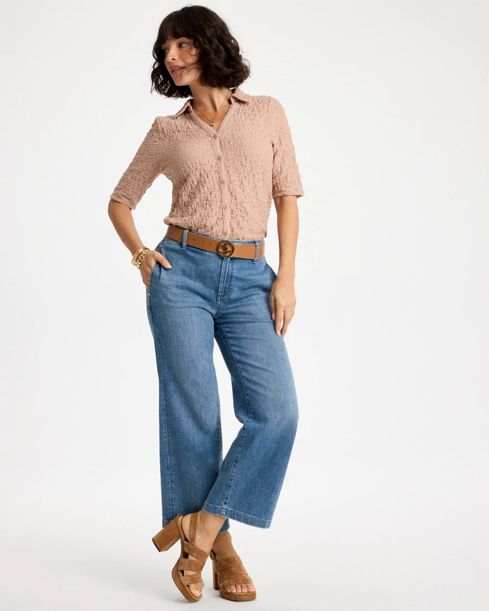 Chico's Textured Camp Tee Mocha Mousse