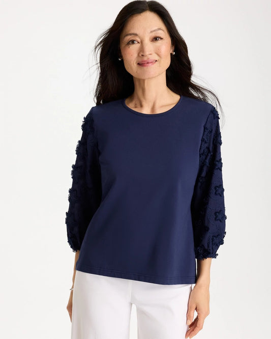 Chico's Star Cutout 3/4 Sleeved Tee Passport Blue