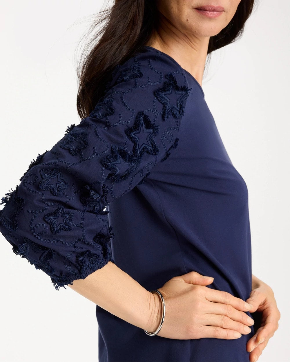 Chico's Star Cutout 3/4 Sleeved Tee Passport Blue