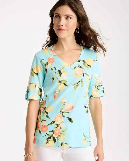 Chico's Pima Printed Elbow-Sleeve Tee Bondi Blue