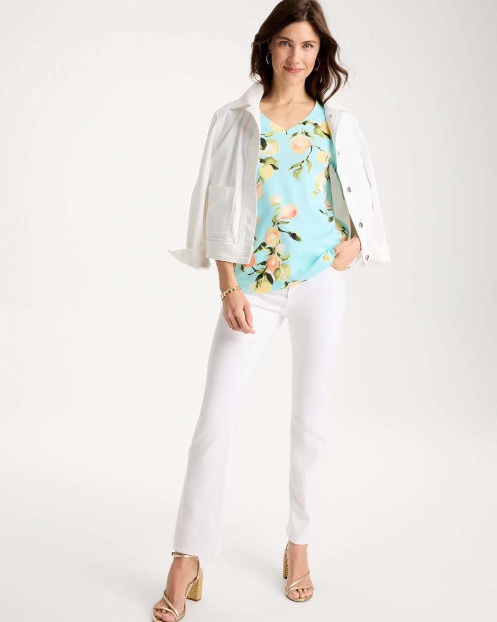 Chico's Pima Printed Elbow-Sleeve Tee Bondi Blue