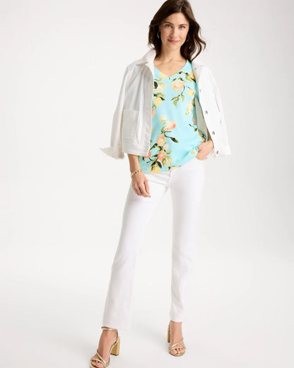 Chico's Pima Printed Elbow-Sleeve Tee Bondi Blue