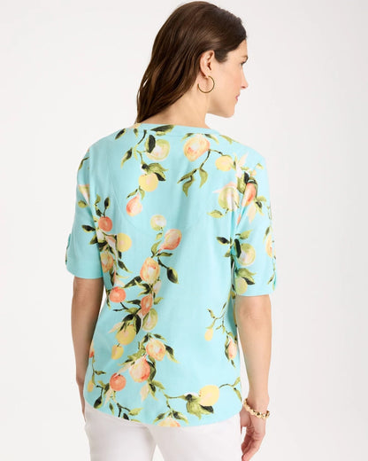 Chico's Pima Printed Elbow-Sleeve Tee Bondi Blue