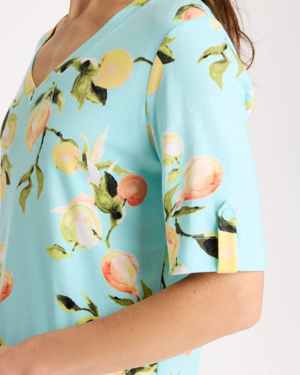 Chico's Pima Printed Elbow-Sleeve Tee Bondi Blue