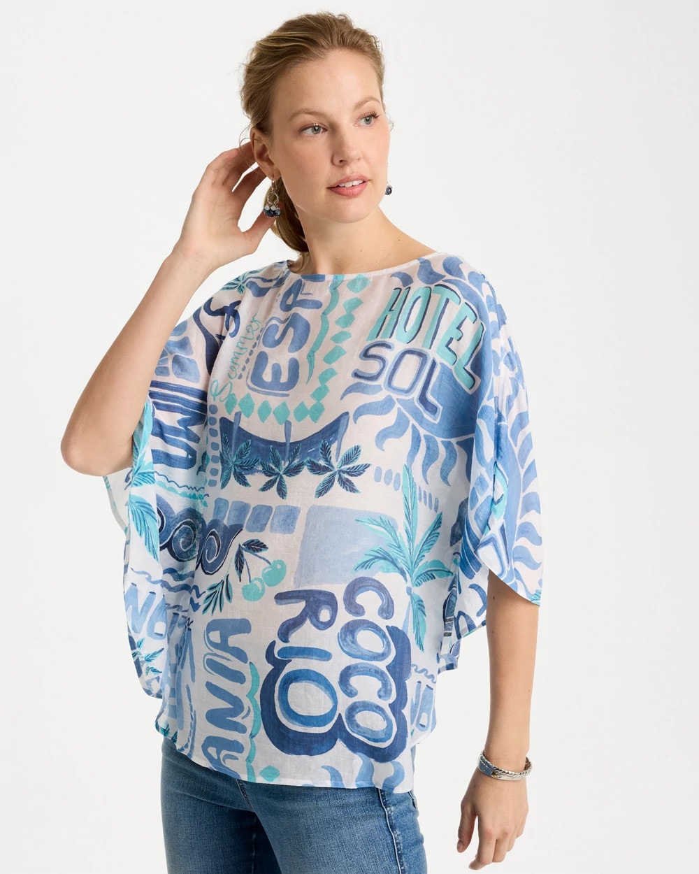 Chico's Island Printed Poncho Passport Blue