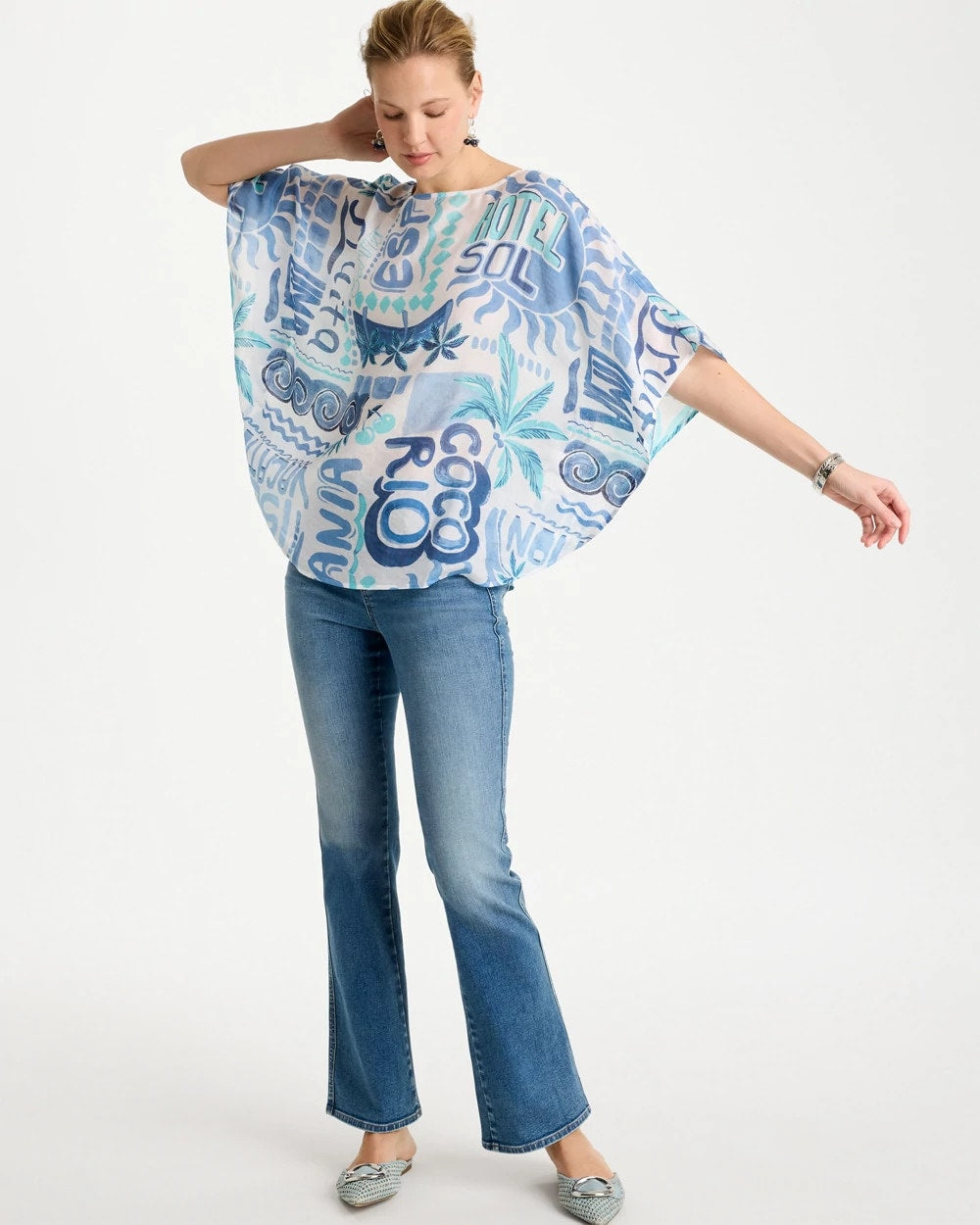 Chico's Island Printed Poncho Passport Blue