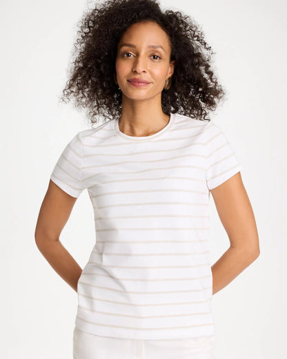 Chico's Cotton Stretch Striped Cap Sleeve Tee Alabaster