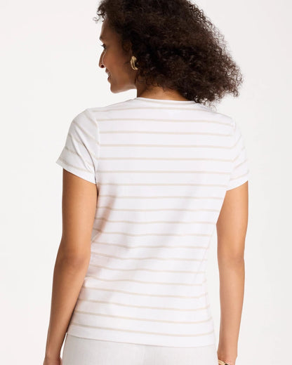 Chico's Cotton Stretch Striped Cap Sleeve Tee Alabaster
