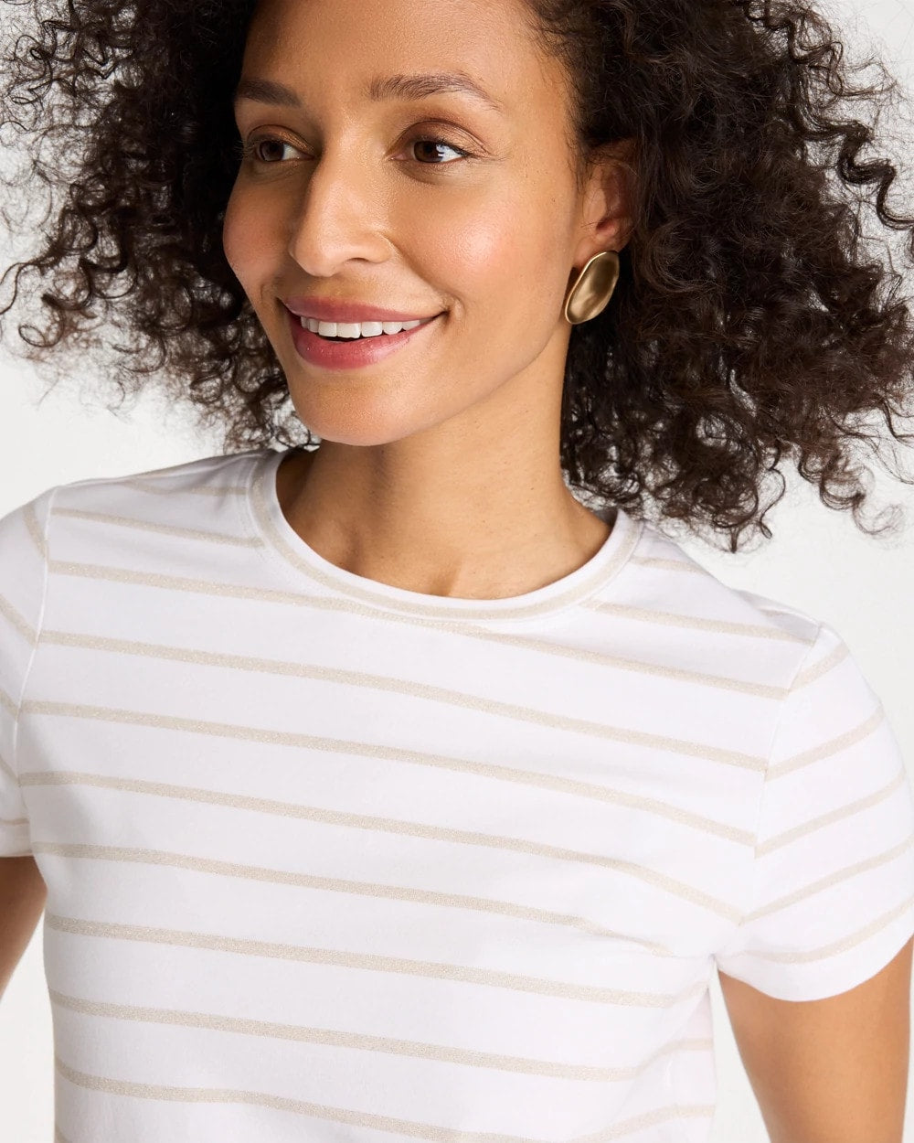 Chico's Cotton Stretch Striped Cap Sleeve Tee Alabaster