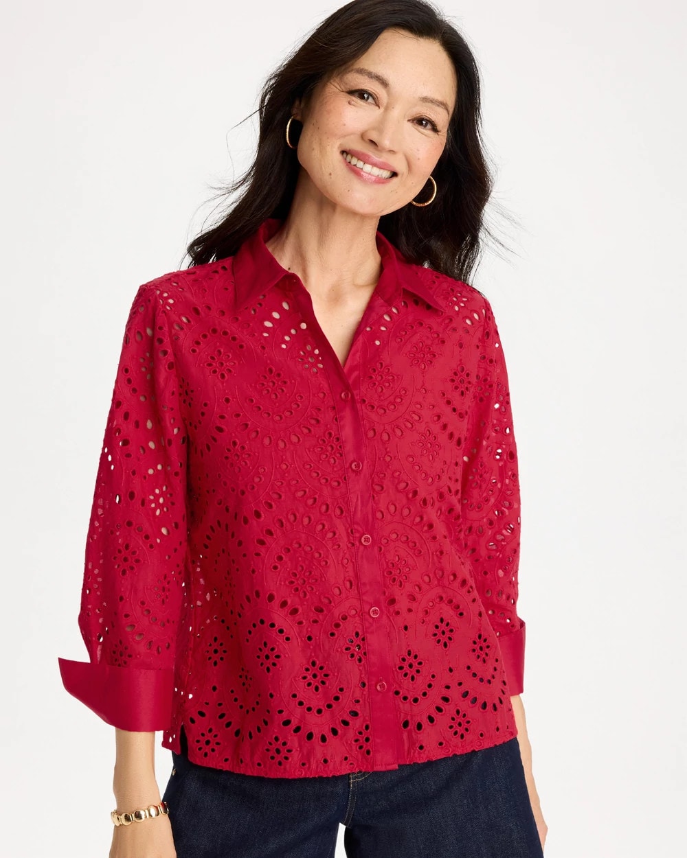 Chico's Eyelet Collared Shirt Cherry Lush
