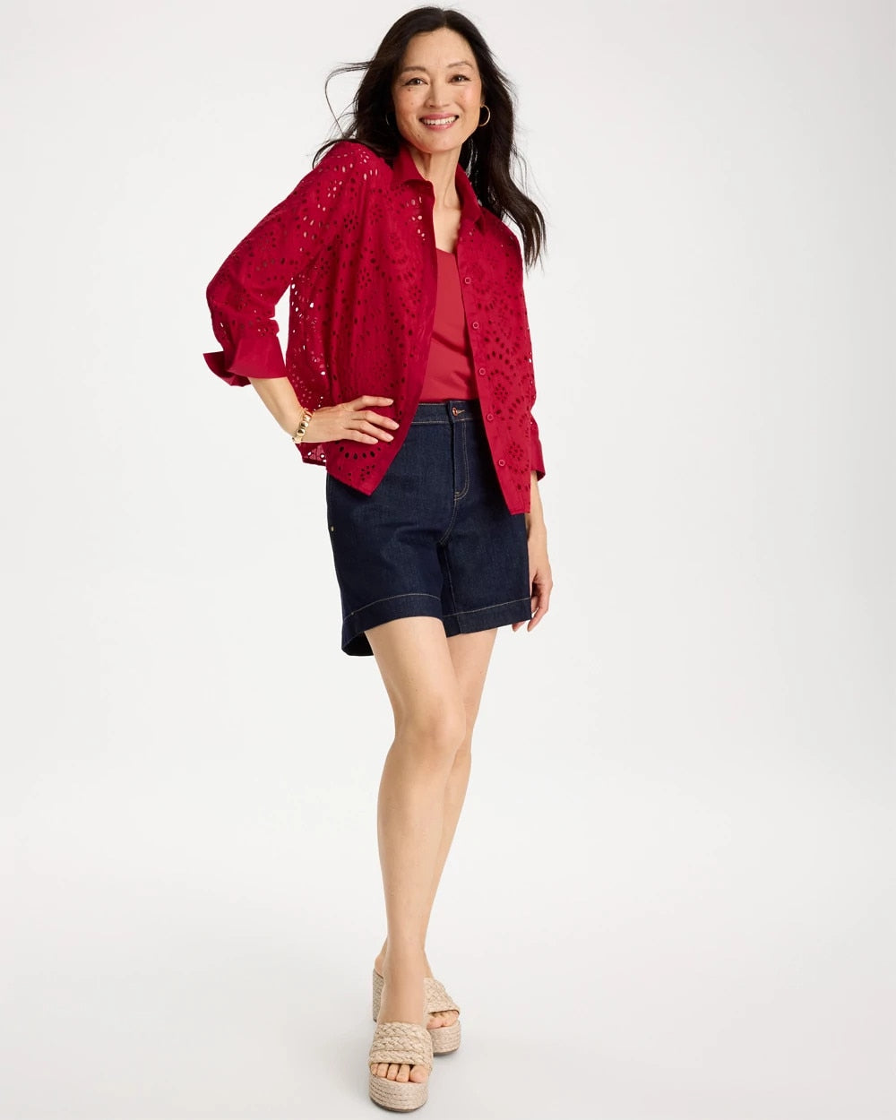 Chico's Eyelet Collared Shirt Cherry Lush
