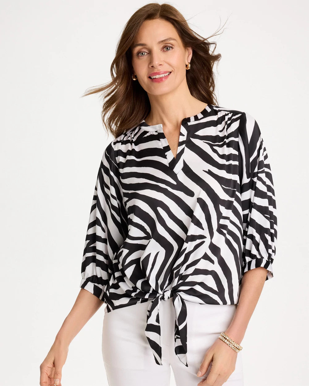 Chico's Satin Animal Print Tie-Front Top Black
