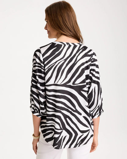Chico's Satin Animal Print Tie-Front Top Black