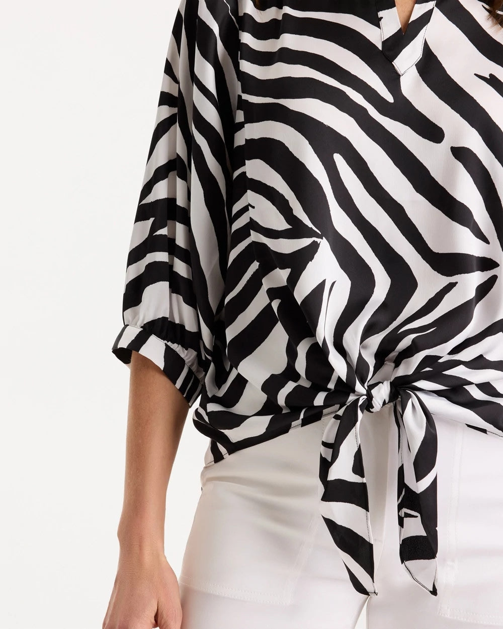 Chico's Satin Animal Print Tie-Front Top Black