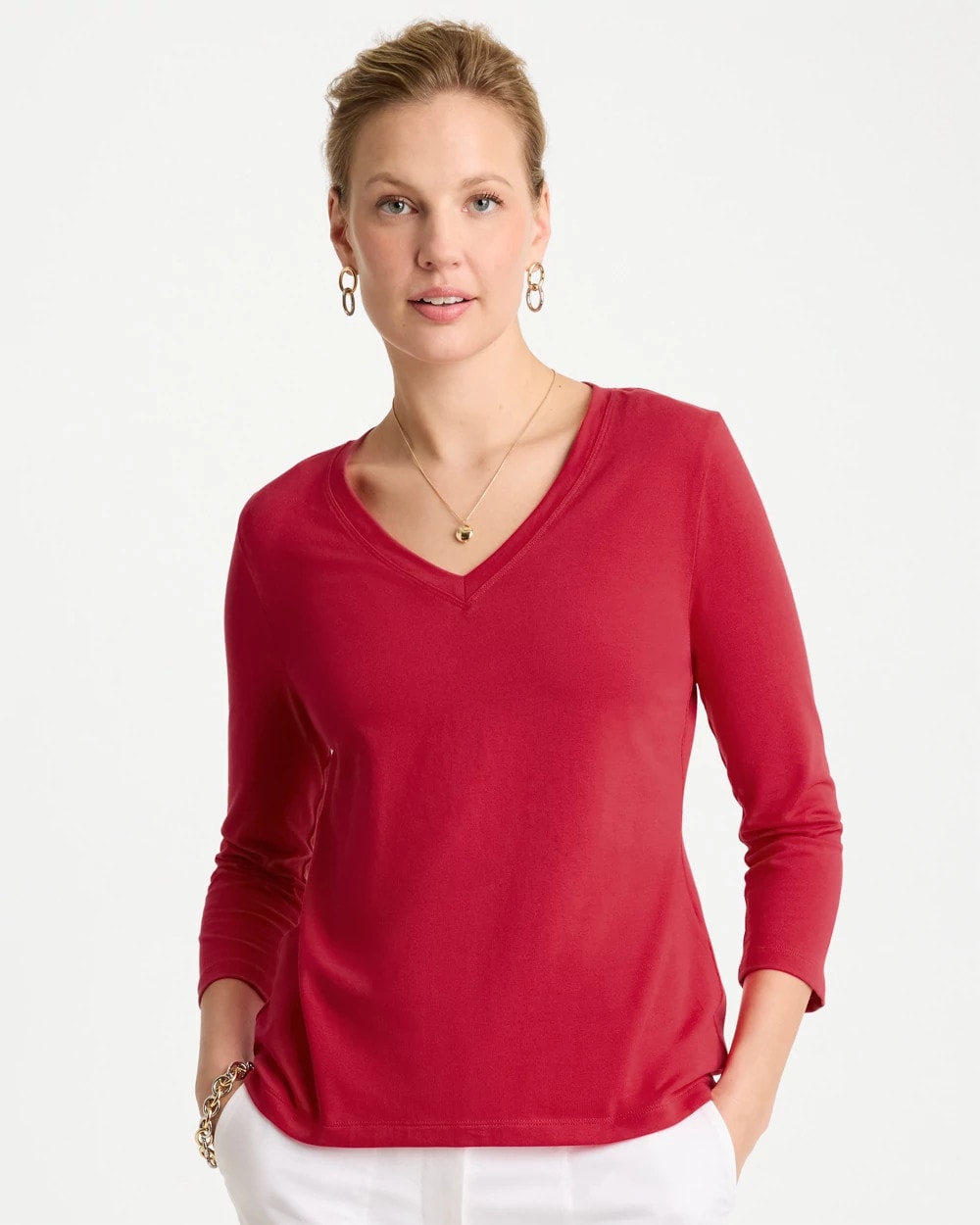 Chico's Cotton Stretch 3/4 Sleeve Tee Cherry Lush