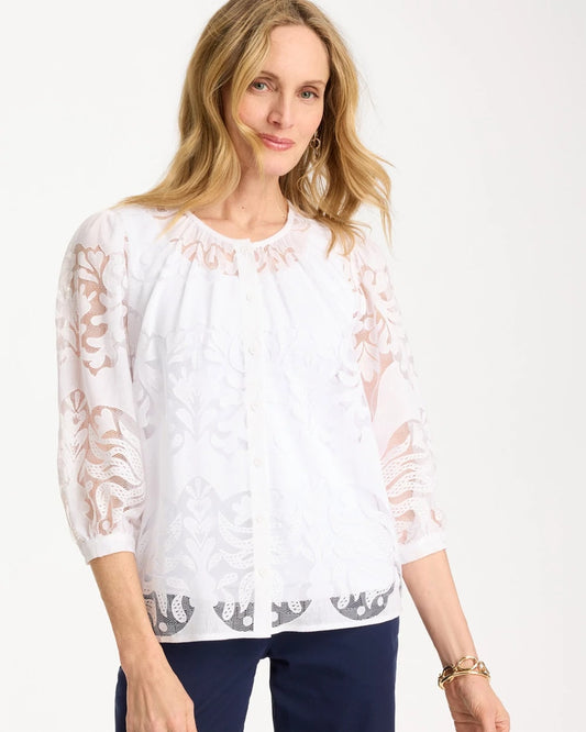 Chico's Lace Burnout Blouse Alabaster