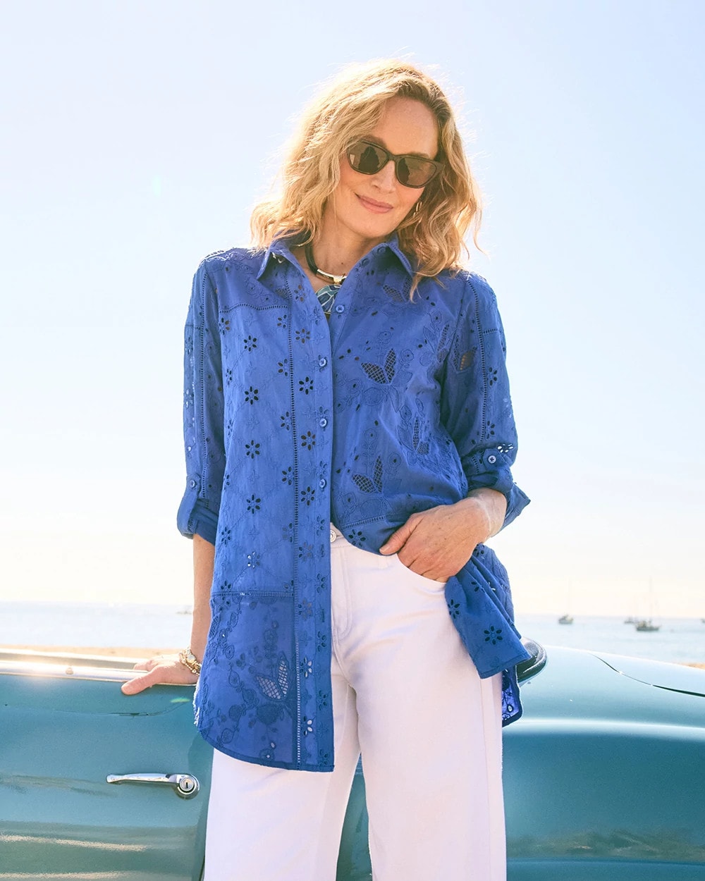 Chico's Embroidered Trapunto-Trim Tunic Amparo Blue
